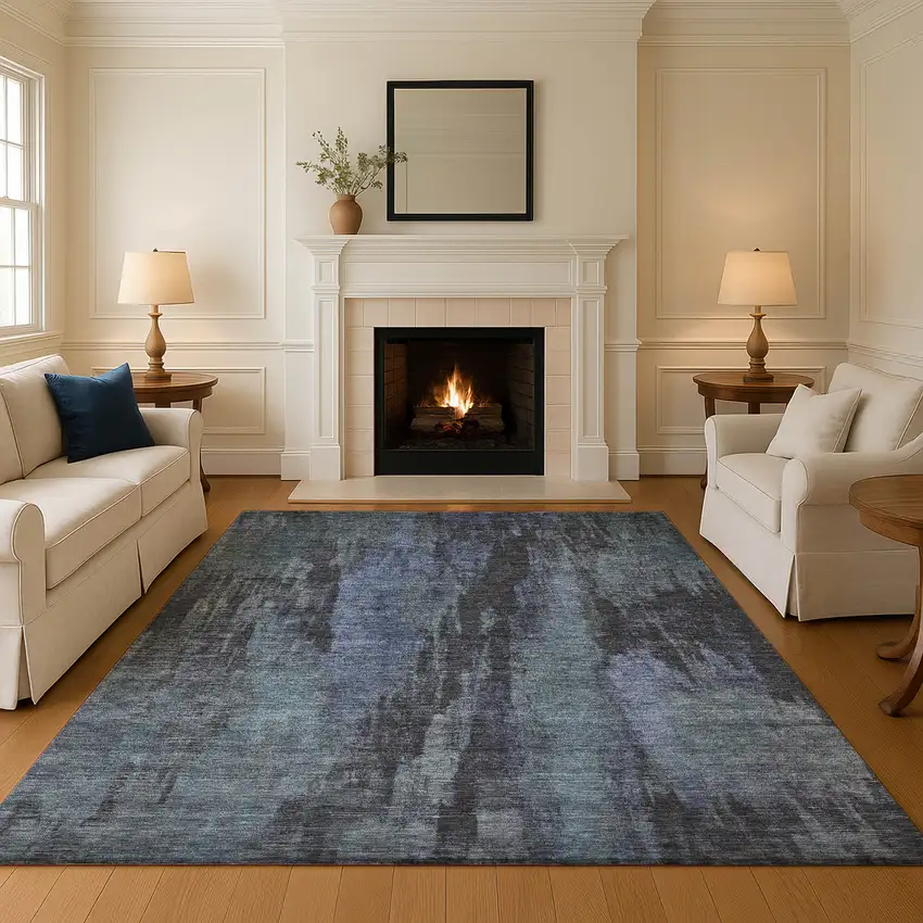 Blue Charcoal And Gray Abstract Washable Area Rug With UV Protection Photo 2