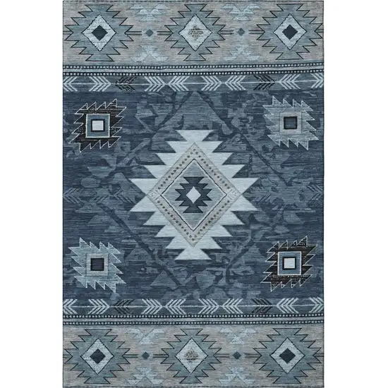 Blue Charcoal And Gray Geometric Washable Area Rug With UV Protection Photo 3