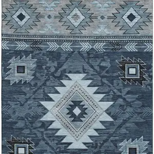 Photo of Blue Charcoal And Gray Geometric Washable Area Rug With UV Protection