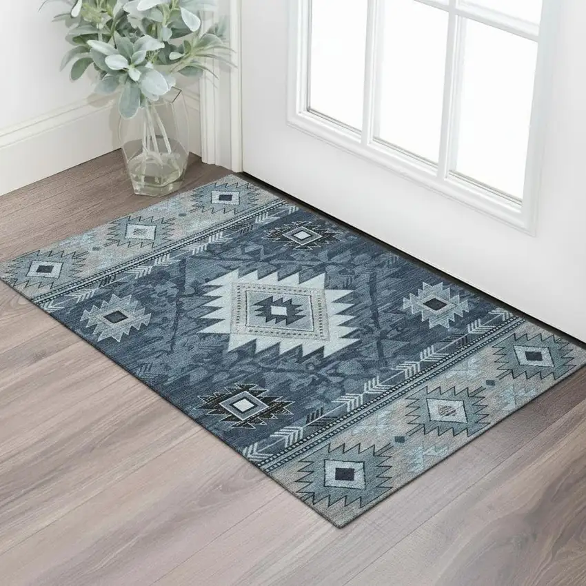 Blue Charcoal And Gray Geometric Washable Area Rug With UV Protection Photo 2