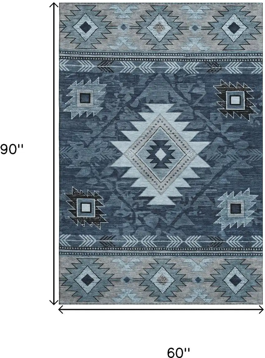Blue Charcoal And Gray Geometric Washable Area Rug With UV Protection Photo 9