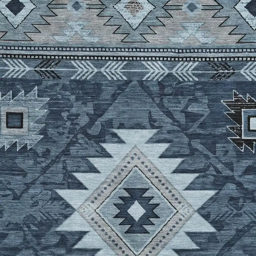 Blue Charcoal And Gray Geometric Washable Area Rug With UV Protection Photo 2
