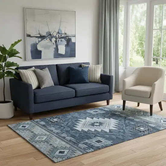 Blue Charcoal And Gray Geometric Washable Area Rug With UV Protection Photo 2