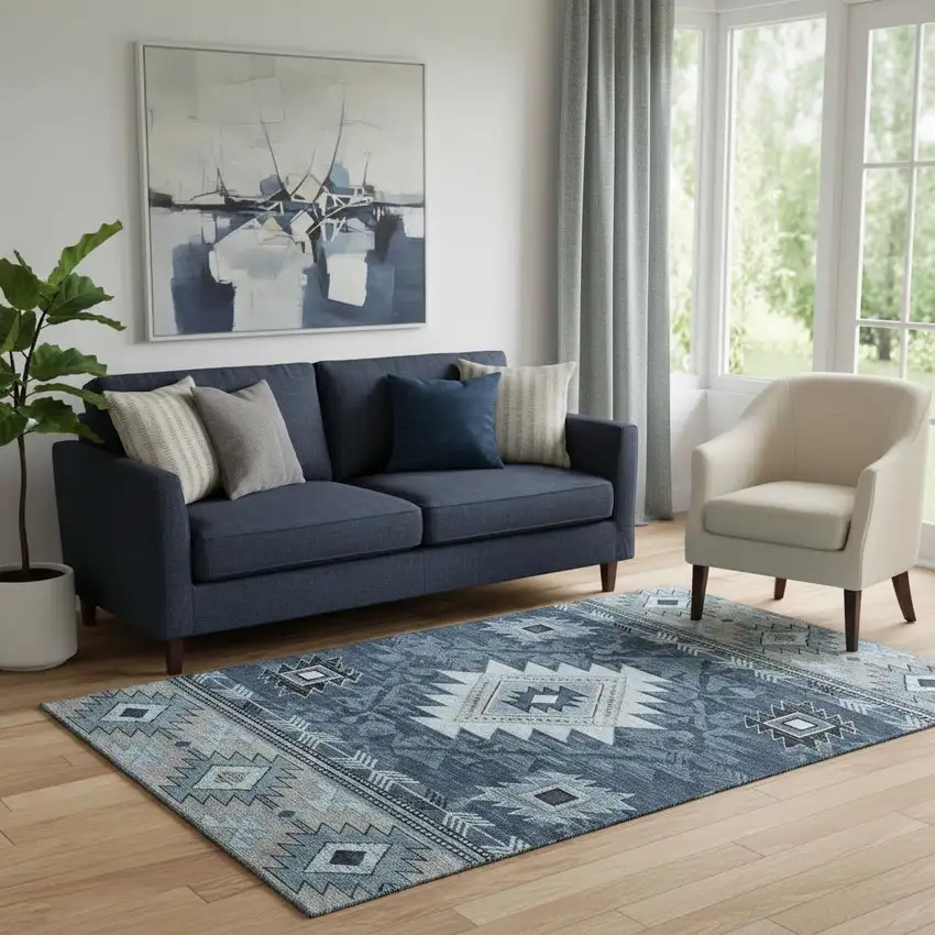 Blue Charcoal And Gray Geometric Washable Area Rug With UV Protection Photo 2