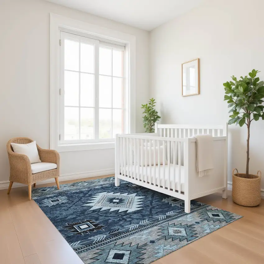 Blue Charcoal And Gray Geometric Washable Area Rug With UV Protection Photo 5