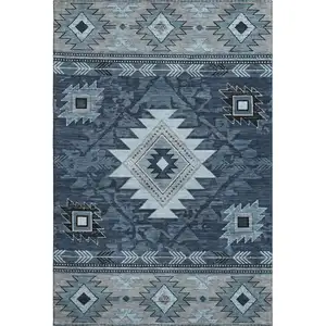 Photo of Blue Charcoal And Gray Geometric Washable Area Rug With UV Protection