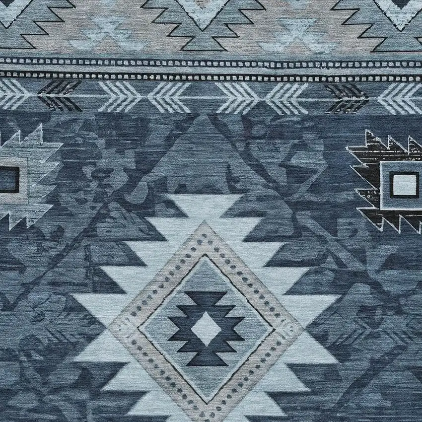 Blue Charcoal And Gray Geometric Washable Area Rug With UV Protection Photo 2