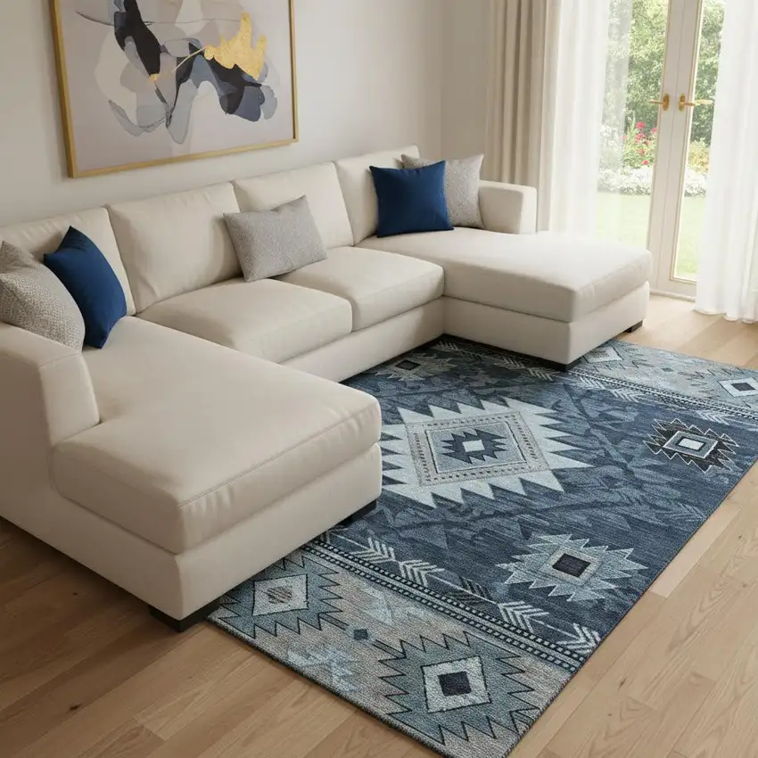 Blue Charcoal And Gray Geometric Washable Area Rug With UV Protection Photo 2