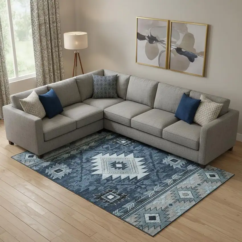 Blue Charcoal And Gray Geometric Washable Area Rug With UV Protection Photo 2