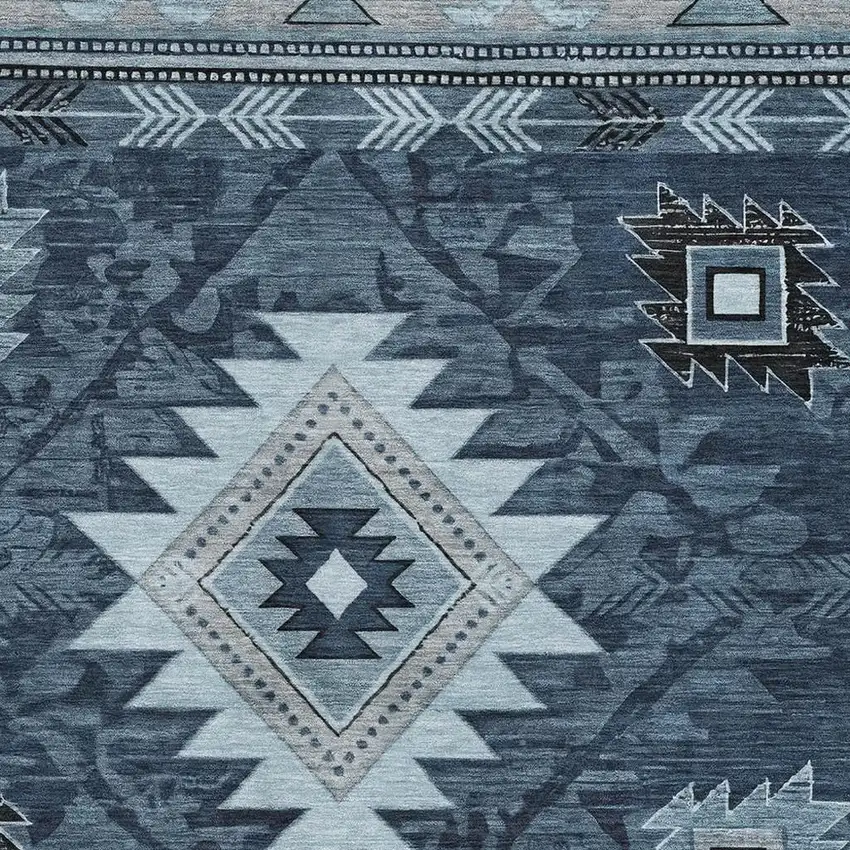 Blue Charcoal And Gray Geometric Washable Area Rug With UV Protection Photo 2