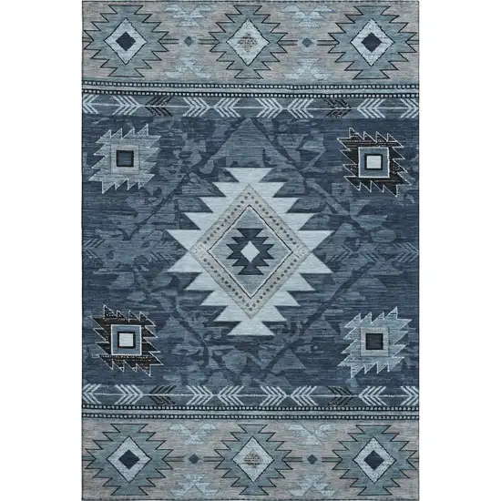Blue Charcoal And Gray Geometric Washable Area Rug With UV Protection Photo 1