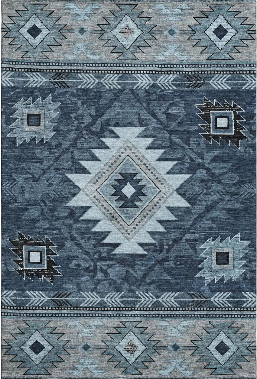 Blue Charcoal And Gray Geometric Washable Area Rug With UV Protection Photo 1