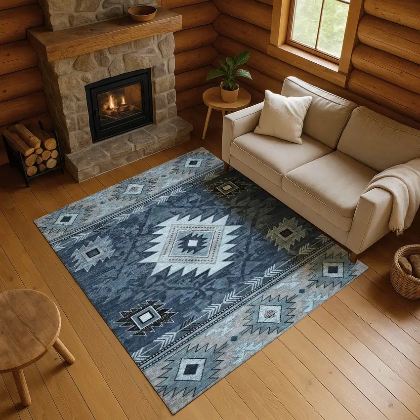 Blue Charcoal And Gray Geometric Washable Area Rug With UV Protection Photo 3
