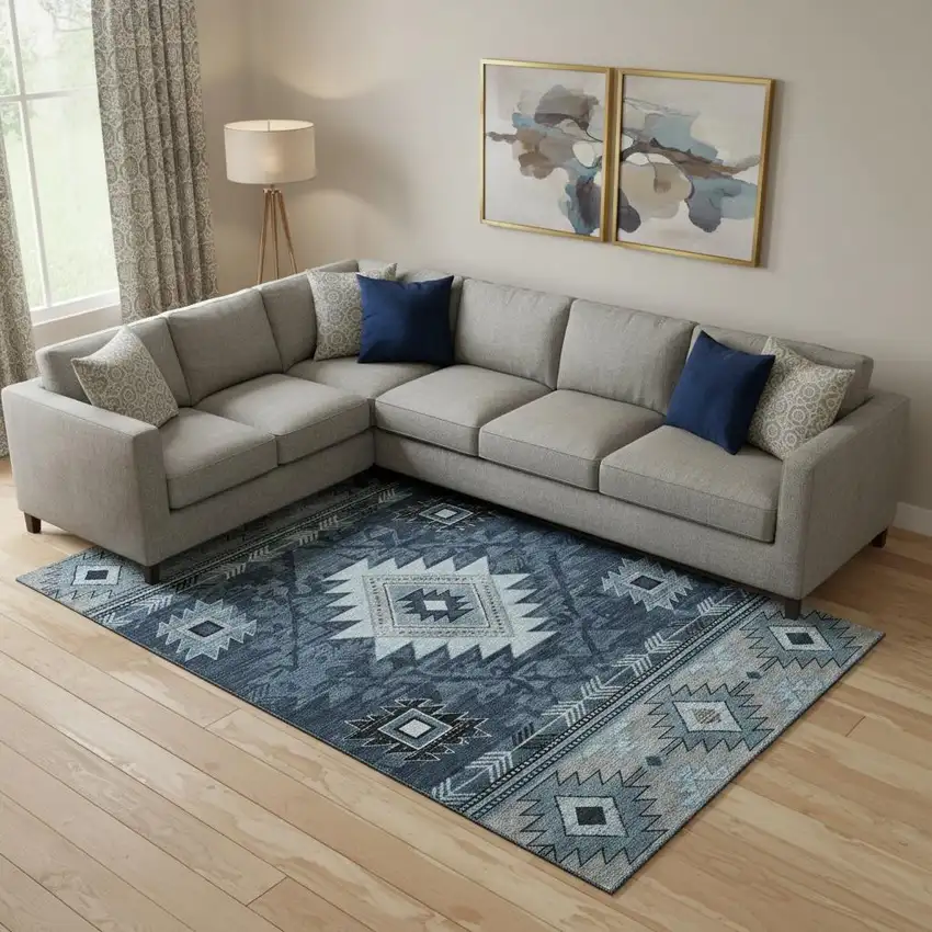 Blue Charcoal And Gray Geometric Washable Area Rug With UV Protection Photo 2