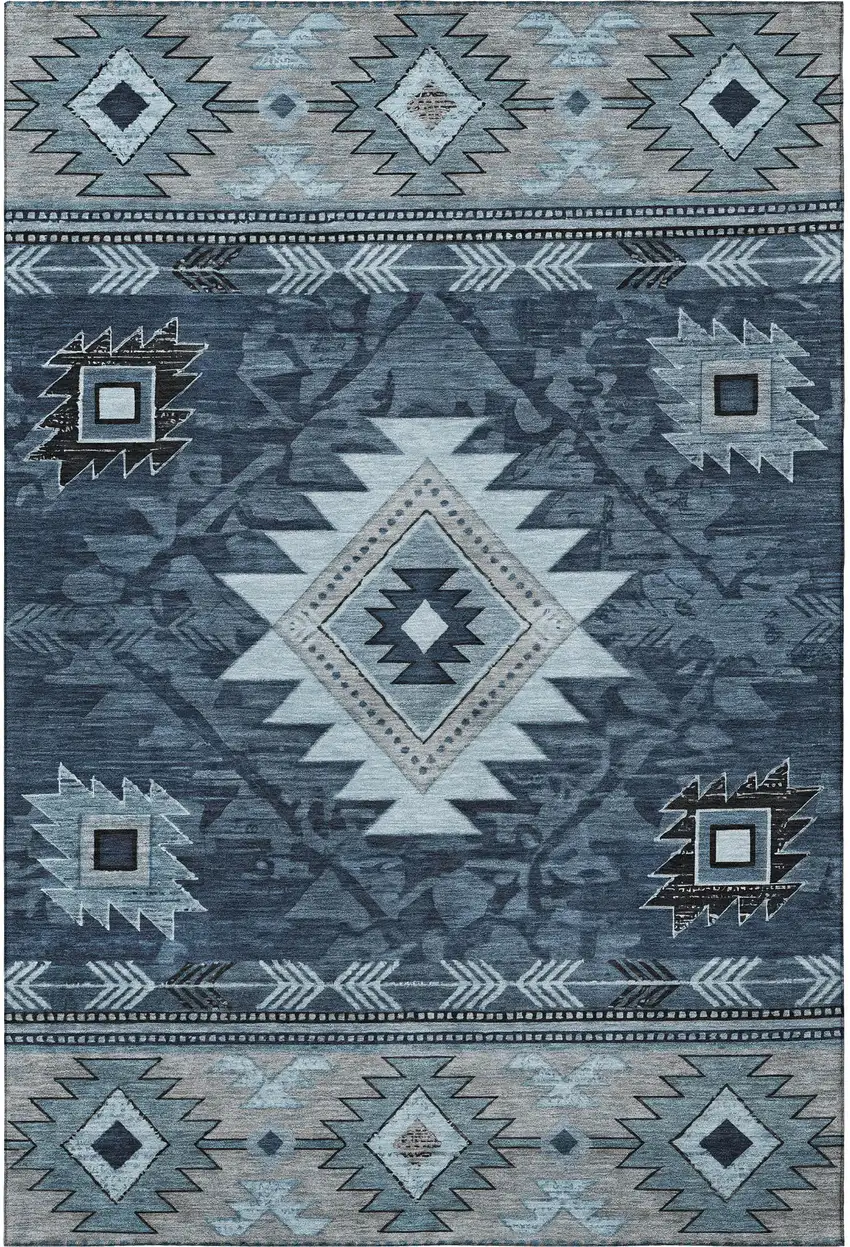 Blue Charcoal And Gray Geometric Washable Area Rug With UV Protection Photo 2