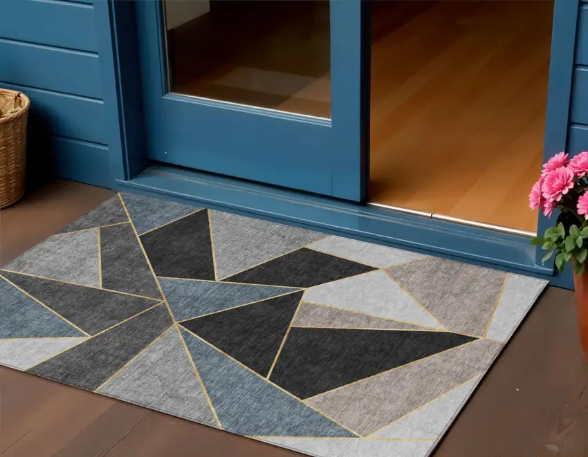 Blue Charcoal And Gray Geometric Washable Indoor Outdoor Area Rug Photo 1