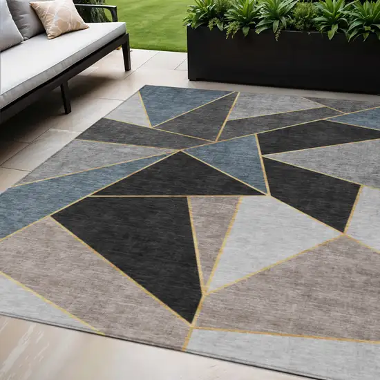 Blue Charcoal And Gray Geometric Washable Indoor Outdoor Area Rug Photo 1