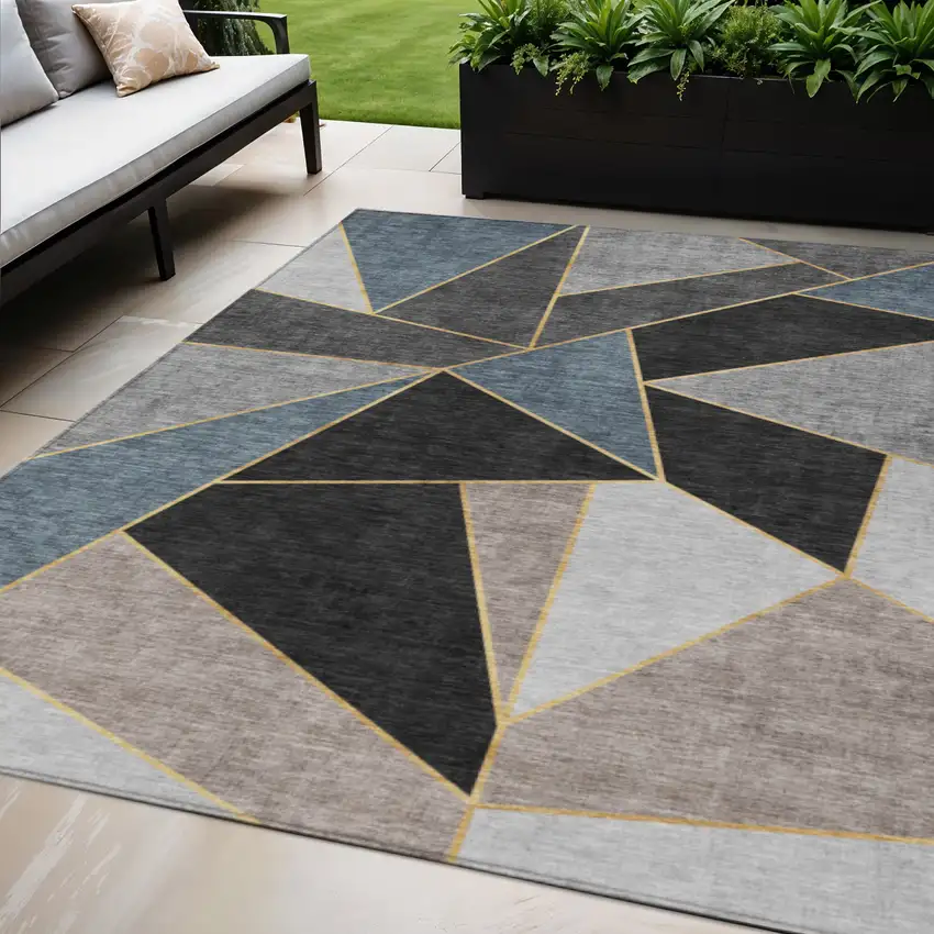 Blue Charcoal And Gray Geometric Washable Indoor Outdoor Area Rug Photo 1