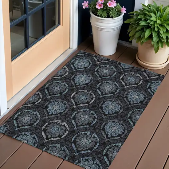 Blue Charcoal And Gray Medallion Washable Indoor Outdoor Area Rug Photo 1