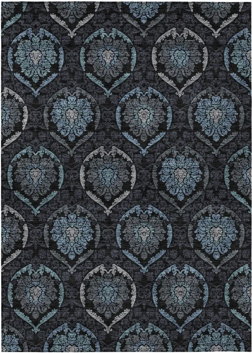 Blue Charcoal And Gray Medallion Washable Indoor Outdoor Area Rug Photo 2
