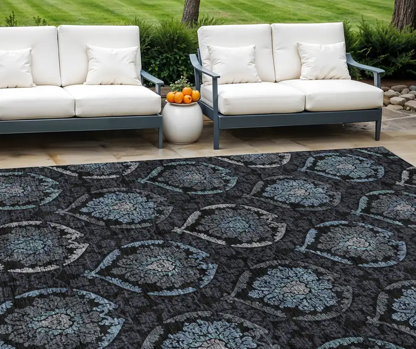 Blue Charcoal And Gray Medallion Washable Indoor Outdoor Area Rug Photo 1