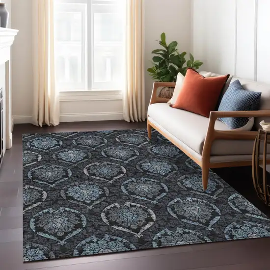 Blue Charcoal And Gray Medallion Washable Indoor Outdoor Area Rug Photo 9