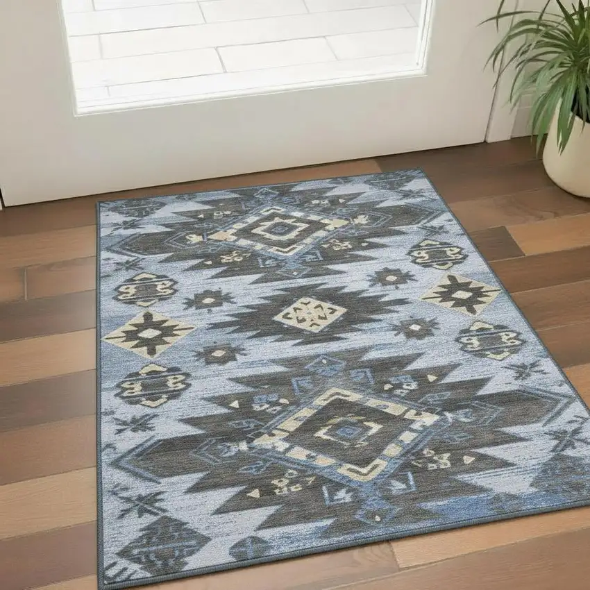 Blue Charcoal And Gray Tribal Washable Area Rug With UV Protection Photo 2