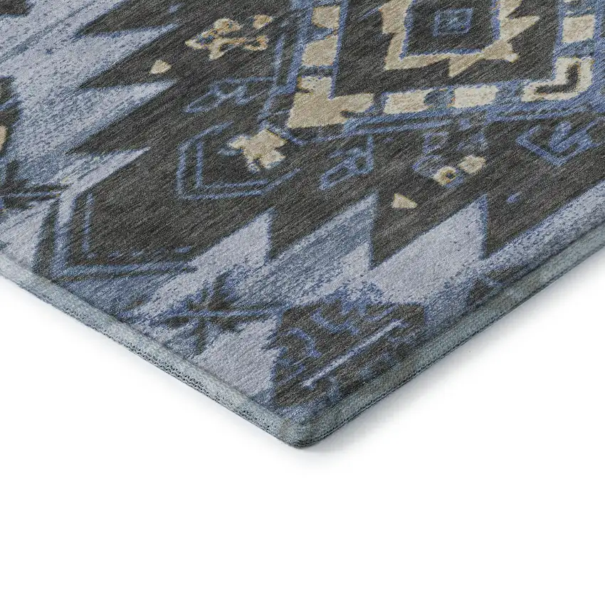 Blue Charcoal And Gray Tribal Washable Area Rug With UV Protection Photo 8