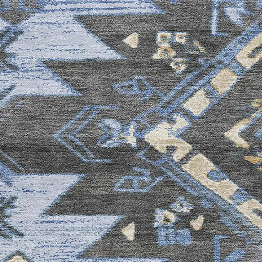 Blue Charcoal And Gray Tribal Washable Area Rug With UV Protection Photo 3