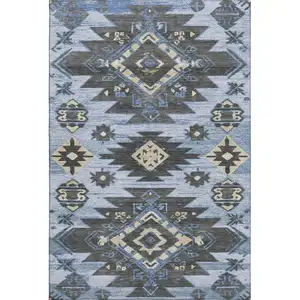Photo of Blue Charcoal And Gray Tribal Washable Area Rug With UV Protection