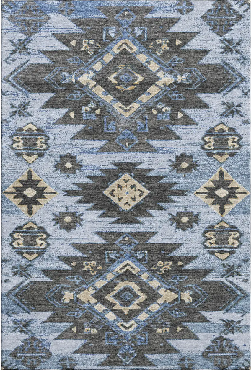 Blue Charcoal And Gray Tribal Washable Area Rug With UV Protection Photo 1