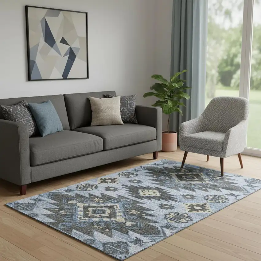 Blue Charcoal And Gray Tribal Washable Area Rug With UV Protection Photo 2