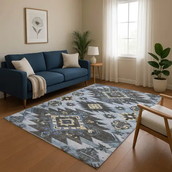 Blue Charcoal And Gray Tribal Washable Area Rug With UV Protection Photo 5