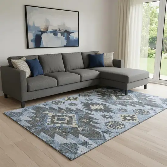 Blue Charcoal And Gray Tribal Washable Area Rug With UV Protection Photo 2