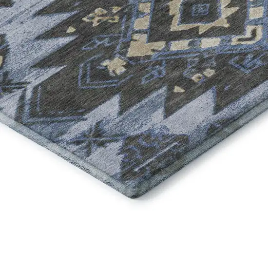 Blue Charcoal And Gray Tribal Washable Area Rug With UV Protection Photo 8