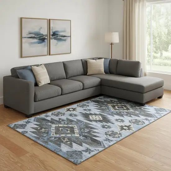 Blue Charcoal And Gray Tribal Washable Area Rug With UV Protection Photo 2