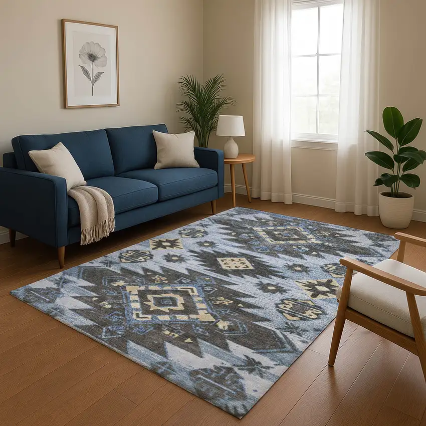 Blue Charcoal And Gray Tribal Washable Area Rug With UV Protection Photo 5