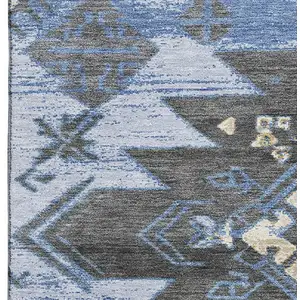 Photo of Blue Charcoal And Gray Tribal Washable Area Rug With UV Protection
