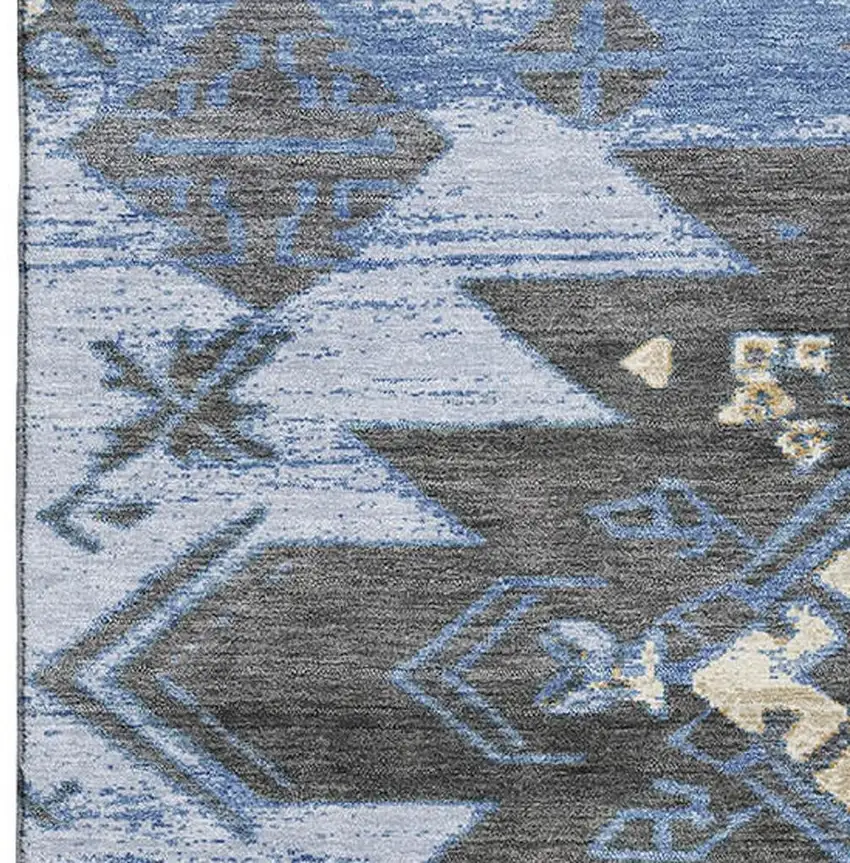 Blue Charcoal And Gray Tribal Washable Area Rug With UV Protection Photo 3