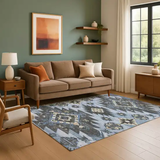 Blue Charcoal And Gray Tribal Washable Area Rug With UV Protection Photo 6