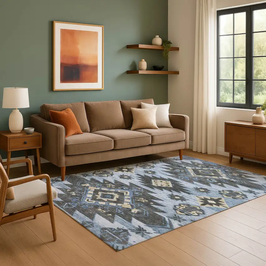 Blue Charcoal And Gray Tribal Washable Area Rug With UV Protection Photo 6