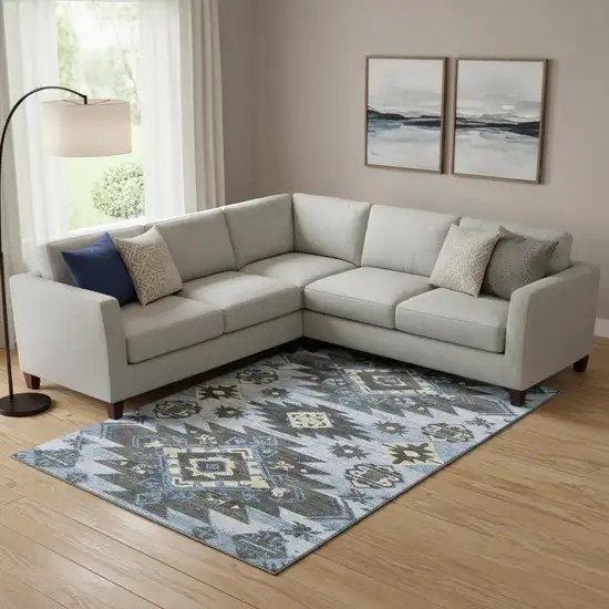 Blue Charcoal And Gray Tribal Washable Area Rug With UV Protection Photo 2