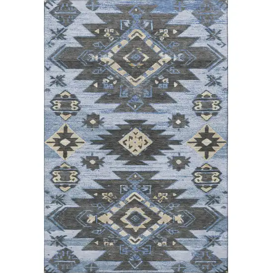 Blue Charcoal And Gray Tribal Washable Area Rug With UV Protection Photo 4