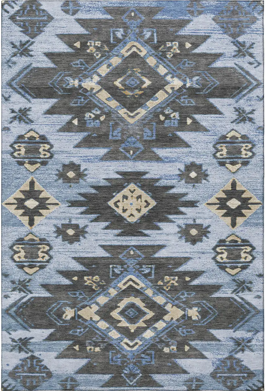 Blue Charcoal And Gray Tribal Washable Area Rug With UV Protection Photo 4
