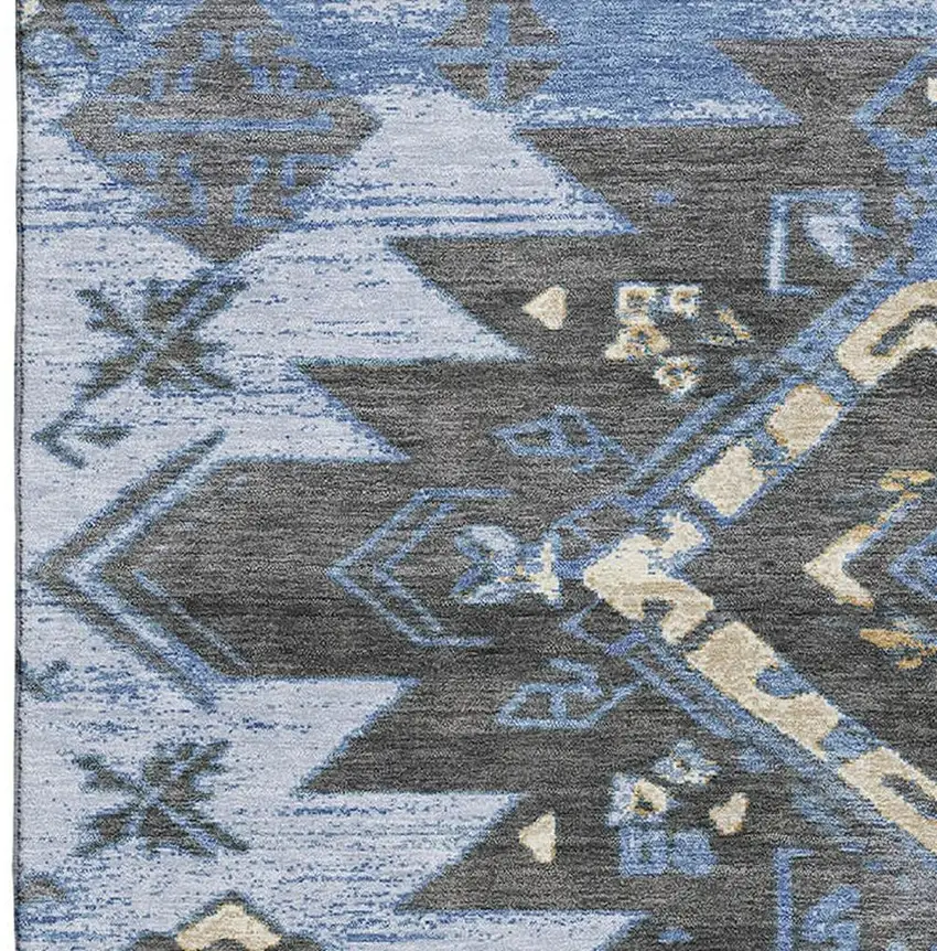 Blue Charcoal And Gray Tribal Washable Area Rug With UV Protection Photo 3