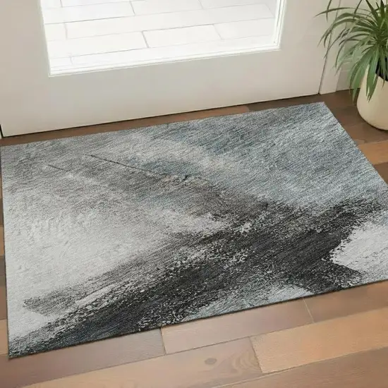Blue Charcoal And Ivory Abstract Washable Area Rug With UV Protection Photo 2