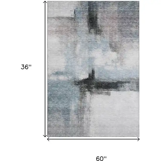 Blue Charcoal And Ivory Abstract Washable Area Rug With UV Protection Photo 9