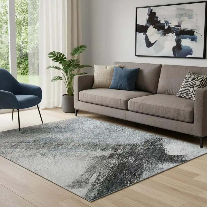 Blue Charcoal And Ivory Abstract Washable Area Rug With UV Protection Photo 2