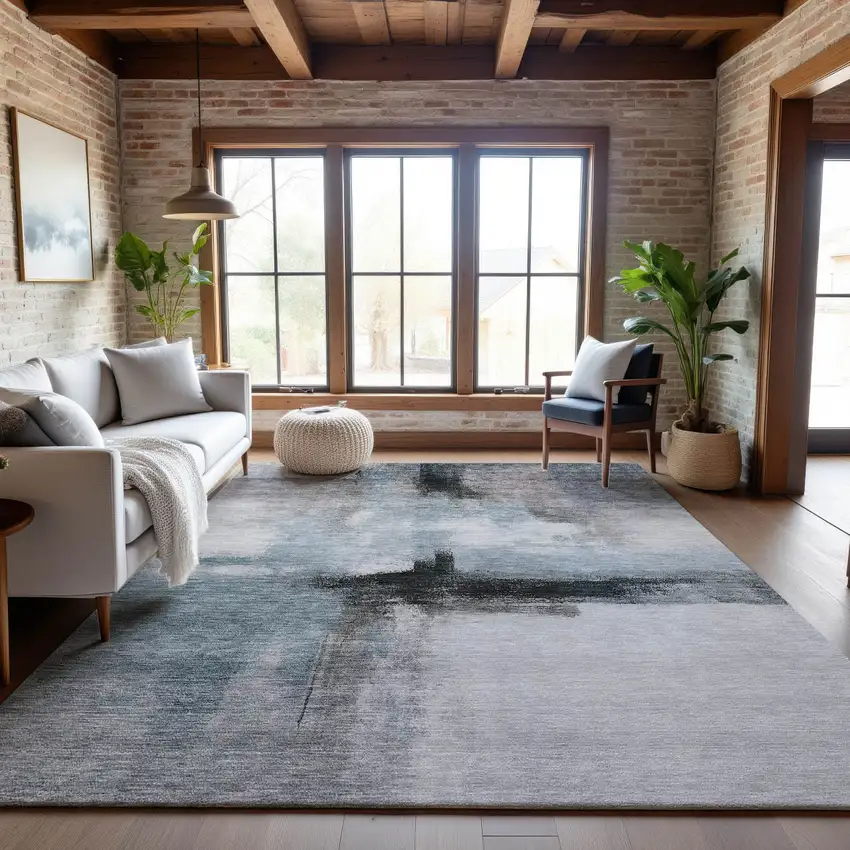 Blue Charcoal And Ivory Abstract Washable Area Rug With UV Protection Photo 3