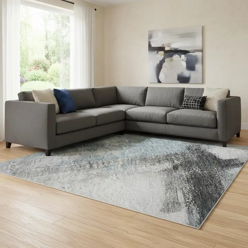 Blue Charcoal And Ivory Abstract Washable Area Rug With UV Protection Photo 2